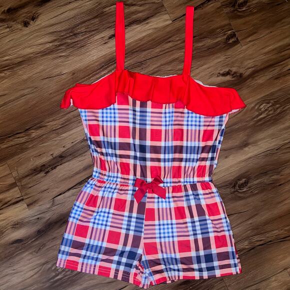 Red White and Blue Plaid Ruffled Romper. Perfect for 4th of July! Girls Size 12 - Picture 1 of 7